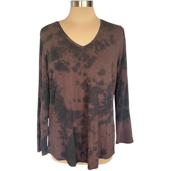 Caite + Athleta Chocolate Brown Black Tie Dye Top Size L Cotton Casual Fall - Picture 1 of 7
